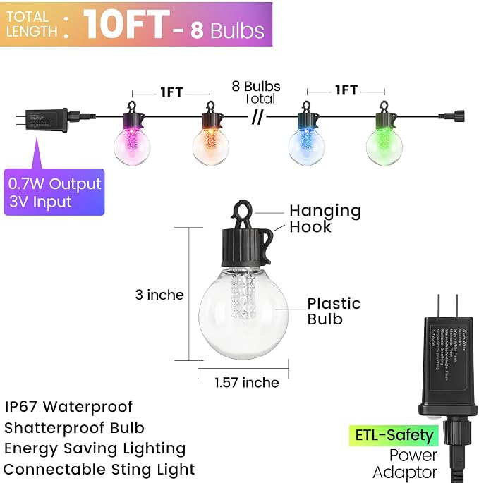 10FT Color Changing String Lights Outdoor- LED Patio Lights - Image 3