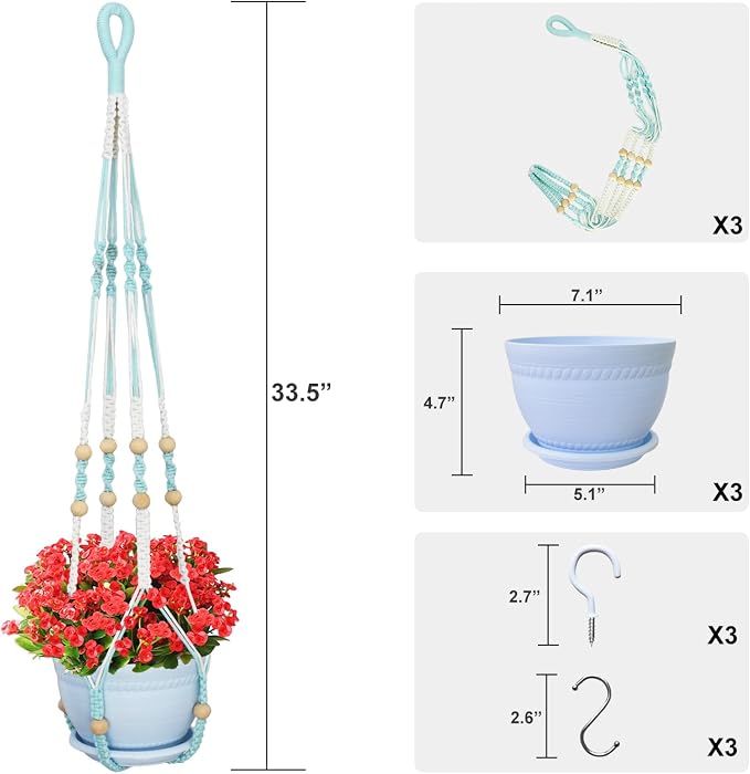 Macrame Plant Hanger with Pot, 3 Set Hanging Planters - Image 2