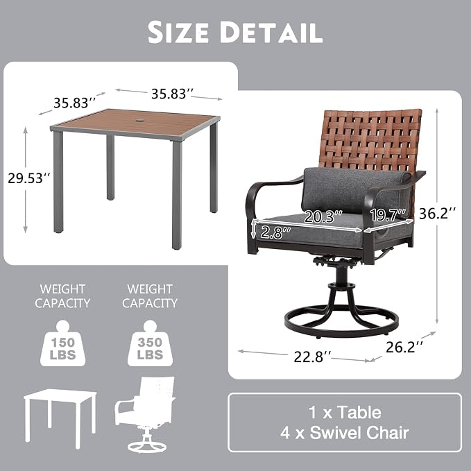 MELLCOM 5-Piece Outdoor Dining Set, 4 Swivel Leather-Look Chairs - Image 2