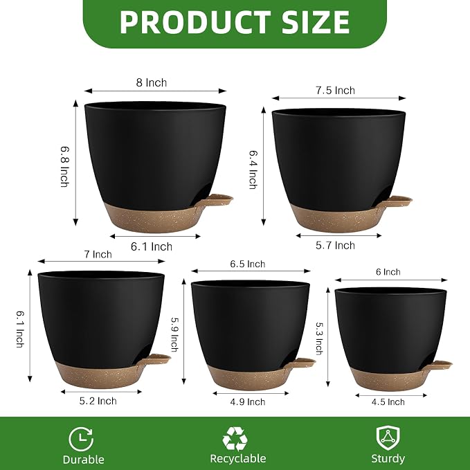 Plant Pots 8/7.5/7/6.5/6 Inch Self Watering Pots, 5 Pack Planters - Image 3