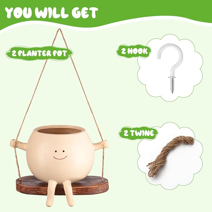 Domensi 2 Pcs Swing Hanging Planter Cute Smile Flower Face Pot Indoor Outdoor - Image 3