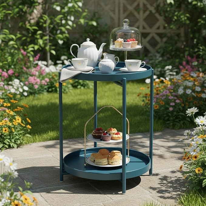 danpinera 2-Tier End Table, Outdoor Side Table Metal Round Side Table - Image 6