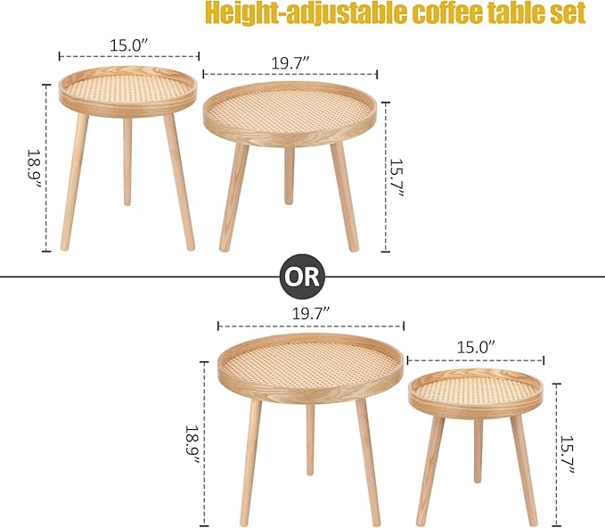 Round Coffee Table Set of 2, Natural Boho Coffee Tables, Small Mid Century - Image 3