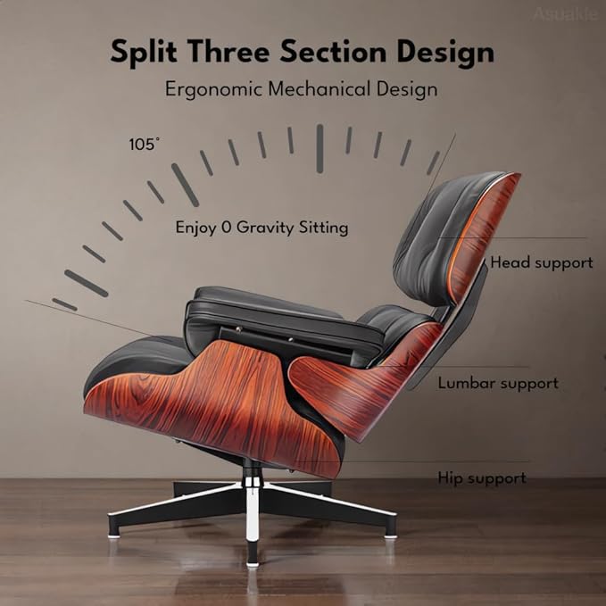 Top Black Grain Leather, Mid Century Chaise Lounge Chair and Ottoman, Modern - Image 7