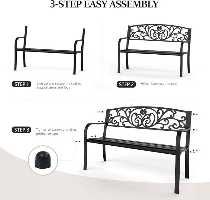 VINGLI Outdoor Bench for Patio Metal Garden Bench w/PVC Back Pattern - Image 6