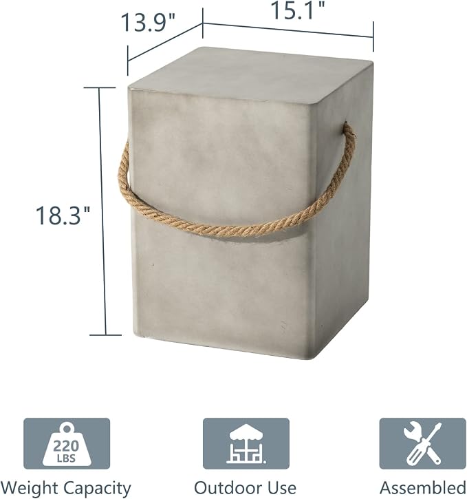 COSIEST Concrete Side Table, Rectangular Outdoor Side Table w Hemp Rope Handles - Image 2