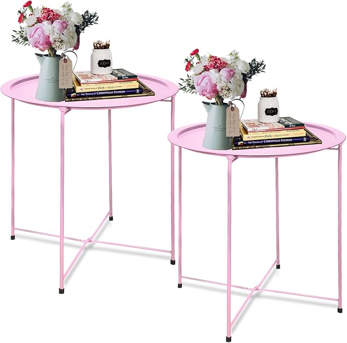 Garden 4 you End Table 2 PCS Metal Side Table Pink Round Folding Tray Cyan Sofa by Garden4you