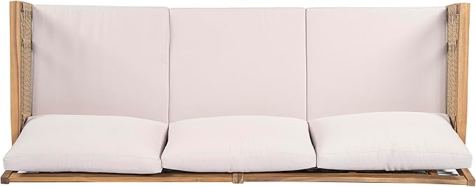Outdoor Patio Acacia Wood 3-Seater Sofa, Hand Woven Rope Sofa - Image 8
