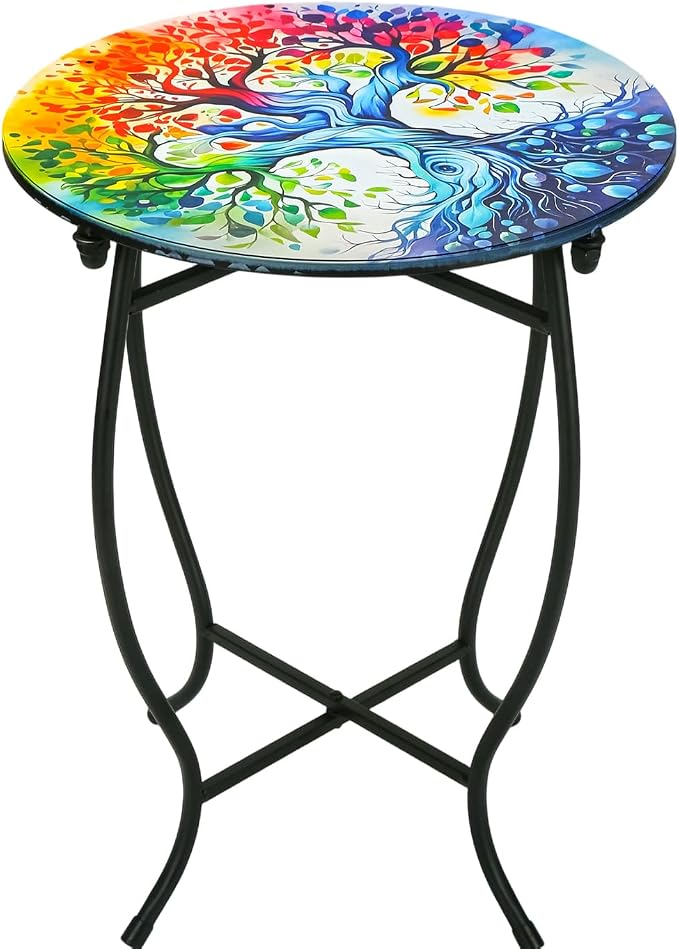Outdoor Side Table for Small Spaces, 14 Inch Round Metal End Table for Patio by Plant+Castle