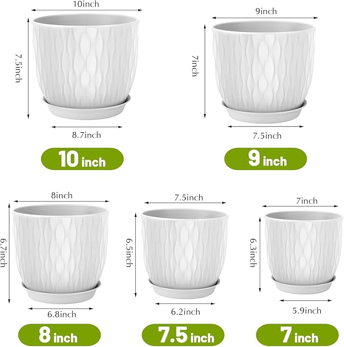 Plastic Plant Pots 10/9/8/7.5/7 inch Set of 5, Flower Planters - Image 2