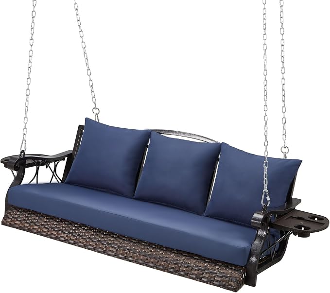 3-Person Wicker Porch Swing Chair Heavy Duty 900 LBS Outdoor Rattan Patio Swing by zzw