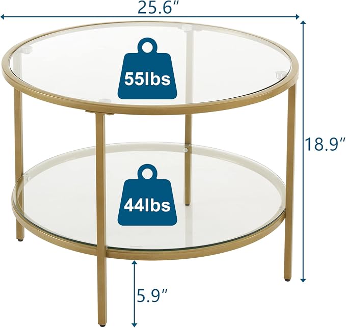 VINGLI Glass Coffee Table, 25.6" Round Champagne Gold Coffee Tables - Image 2