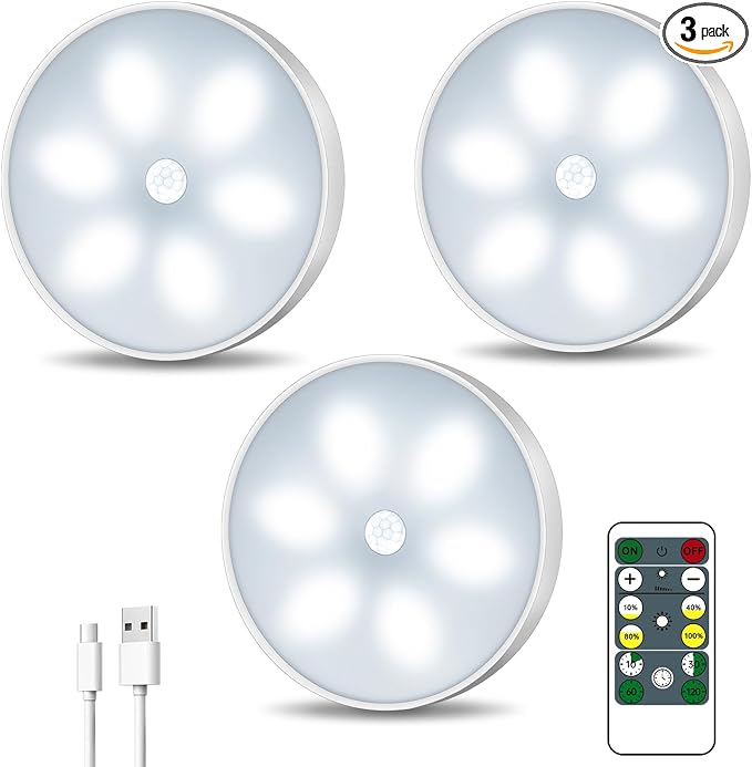 LED Closet Motion Sensor Step Lights, USB Rechargeable Battery Operated Puck by BringYouWarmLightingCare