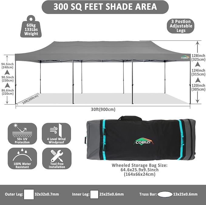 COBIZI 10x30 Pop Up Canopy Without Sidewall, Heavy Duty Canopy UPF 50+ All - Image 4