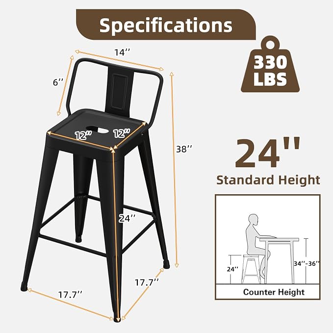 Metal Bar Stools Set of 4, Counter Height Bar Stools - Image 2