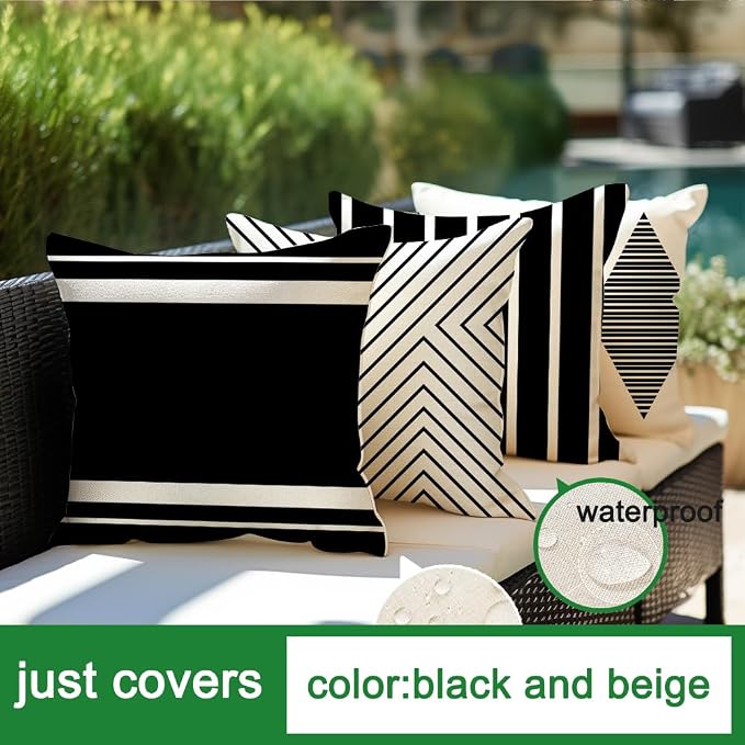 RABUSOFA Outdoor Pillows Waterproof, 16x16 inch Black and White Boho Set of 4 - Image 4