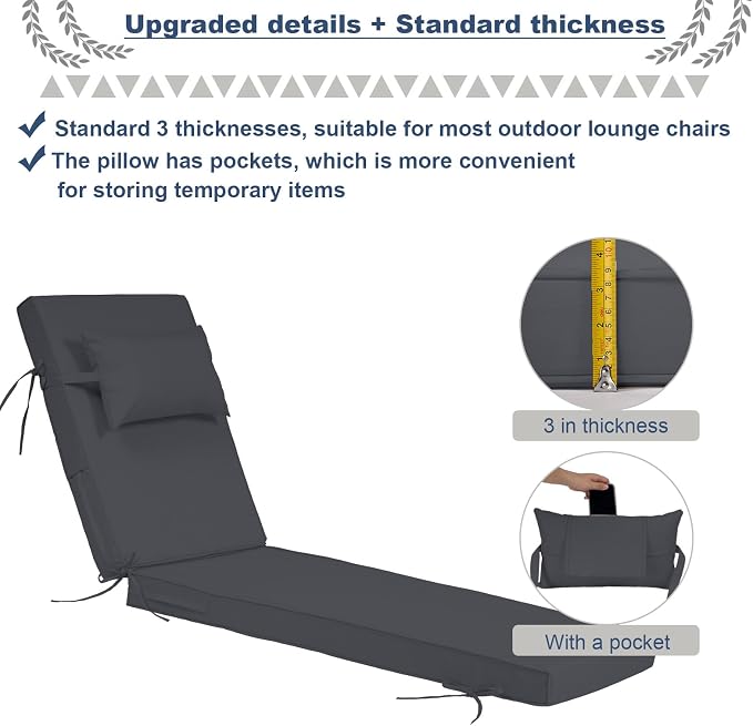 Outdoor Chaise Lounge Cushions Set of 2, Waterproof Fade Resistant Patio - Image 3