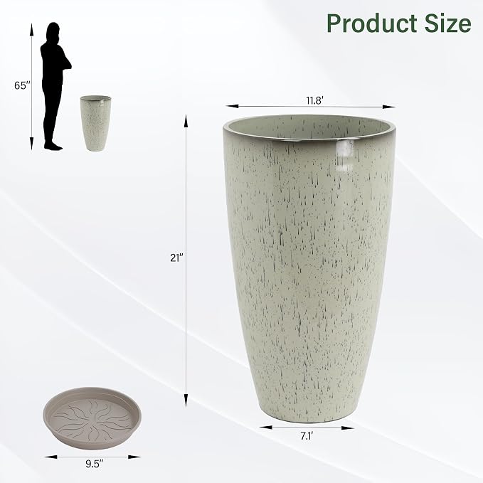 Set of 2 Lightweight Ceramic-Look Tall Planter, 21 inch Large Plastic Planter - Image 3