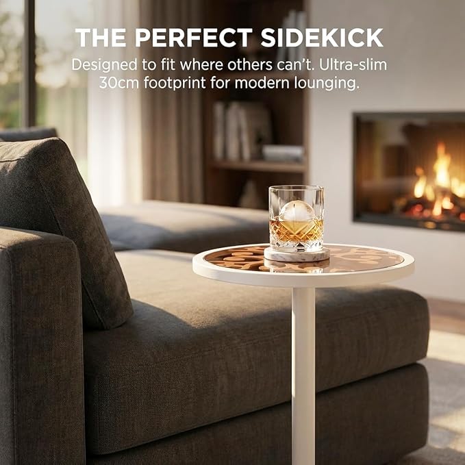 White Drink Table with Amber Tempered Glass Top, Indoor Outdoor Small Round - Image 5