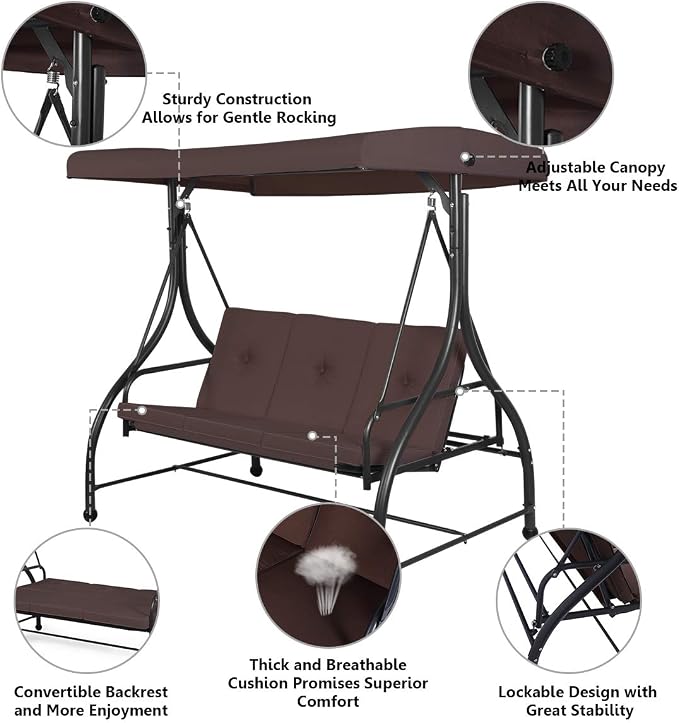 Tangkula 3 Seats Converting Patio Swing, Outdoor Porch Garden Canopy Swing - Image 6