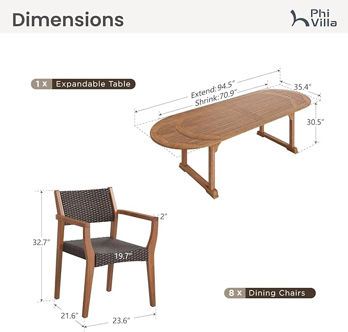 PHI VILLA 9 Pieces Acacia Wood Outdoor Dining Set - Image 9