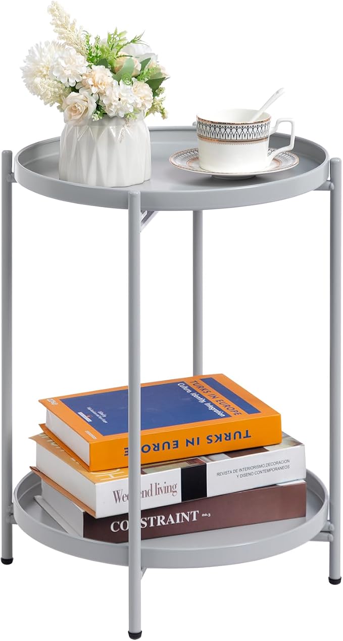 HollyHOME 2-Tier Round Side Table, Outdoor Small Folding Accent Stand by HollyHOME