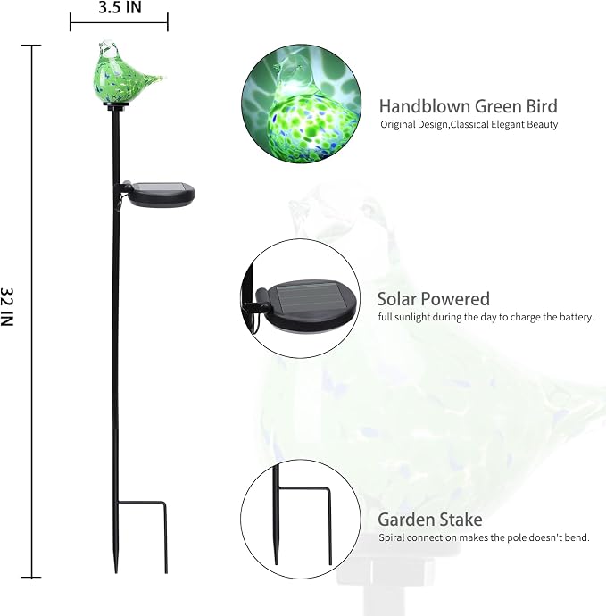 Bshine Solar Garden Decoration Outdoor Green Bird Lights, 2 Pack Hand Blown - Image 2