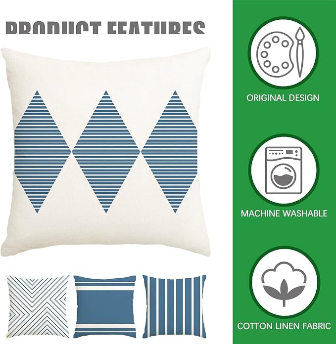 RABUSOFA Outdoor Pillows Waterproof, 18x18 inch Blue and White Boho Set of 4 - Image 7