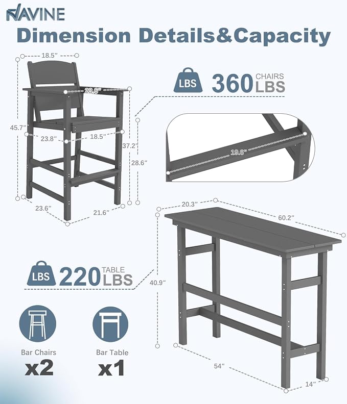 Bar Height Patio Table and Chairs Set, 3-Piece HDPE Outdoor Adirondack Bar - Image 2