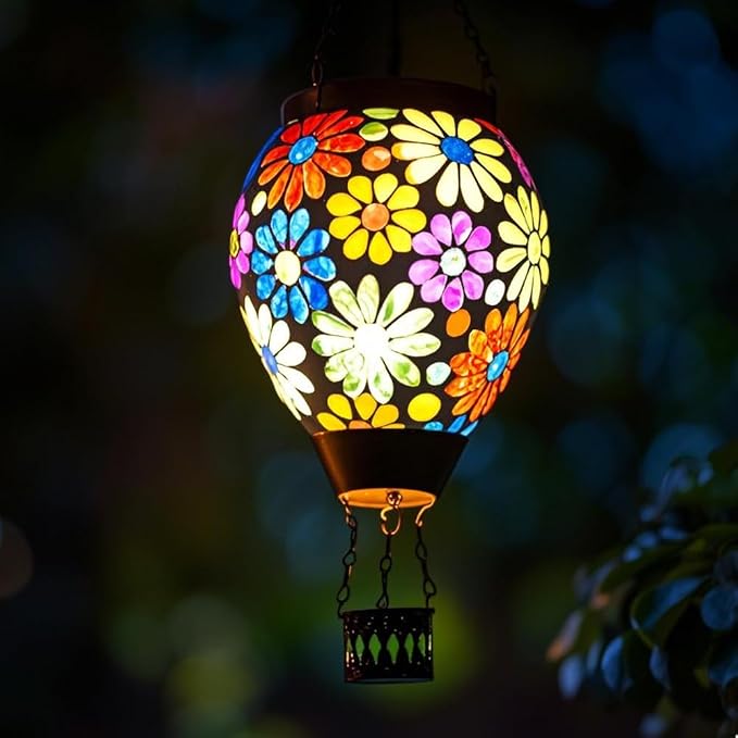 Starsoul Mosaic Flowers Hot Air Balloon Solar Lantern Glass Outdoor Hanging Hot by Starsoul
