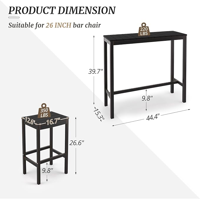Outdoor Bar Height Table and Chairs Set, 3 Piece Black Top and Bronze Leg Patio - Image 3