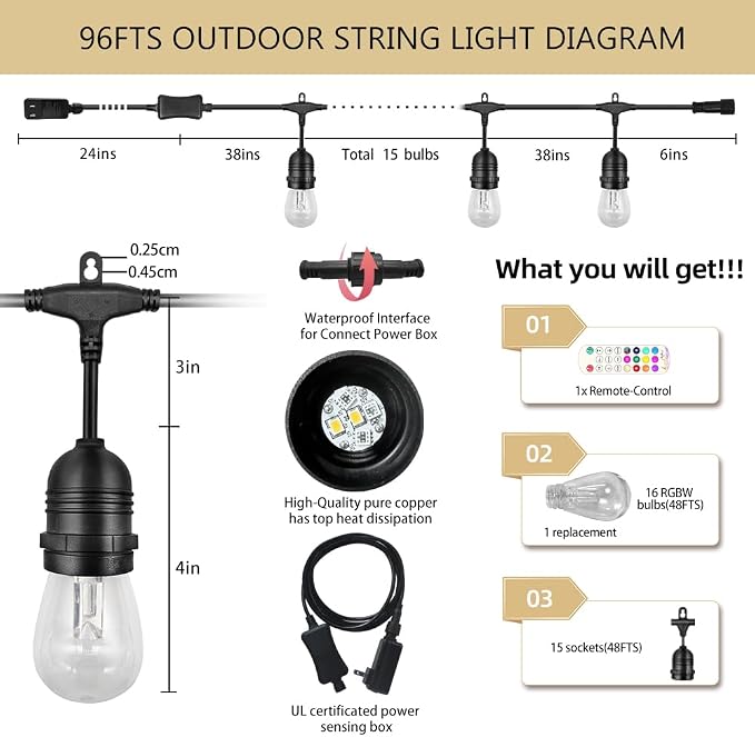 GANA Outdoor String Lights, Patio Lights 96FT Music Flash RGBW Colourful - Image 3