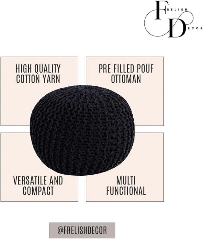 FRELISH DECOR Round Pouf Ottoman Hand Knitted 100% Cotton Pouf Foot Stool - Image 4