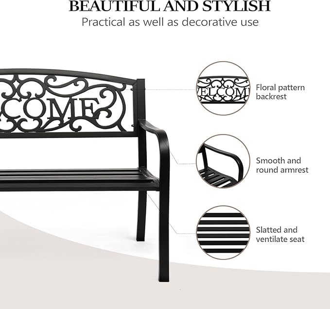 VINGLI Outdoor Bench with PVC Welcome Back Pattern, Rust-Resistant Metal Black - Image 4