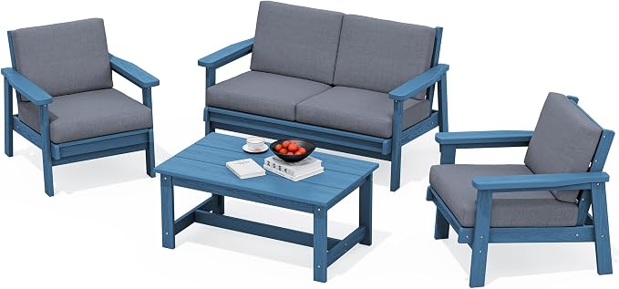 SERWALL 4 Piece HDPE Outdoor Furniture Set, All Weather Wood-Like Outdoor Sofa by SERWALL