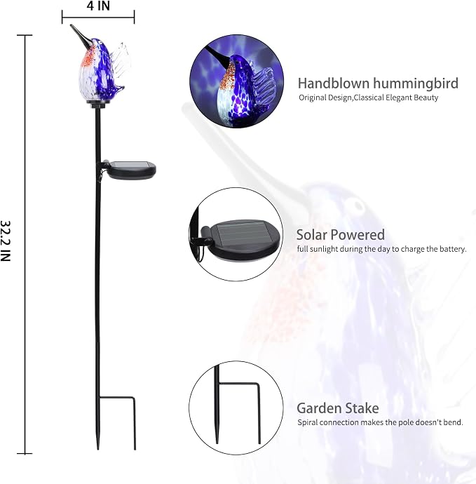 Bshine Solar Garden Decoration Outdoor Hummingbird Lights Stake, Hand Blown - Image 2