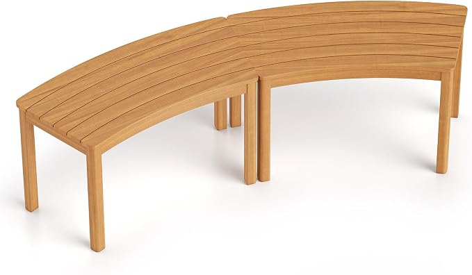 Tangkula Acacia Wood Outdoor Curved Bench Set of 2, Patio Garden Backless Fire - Image 9