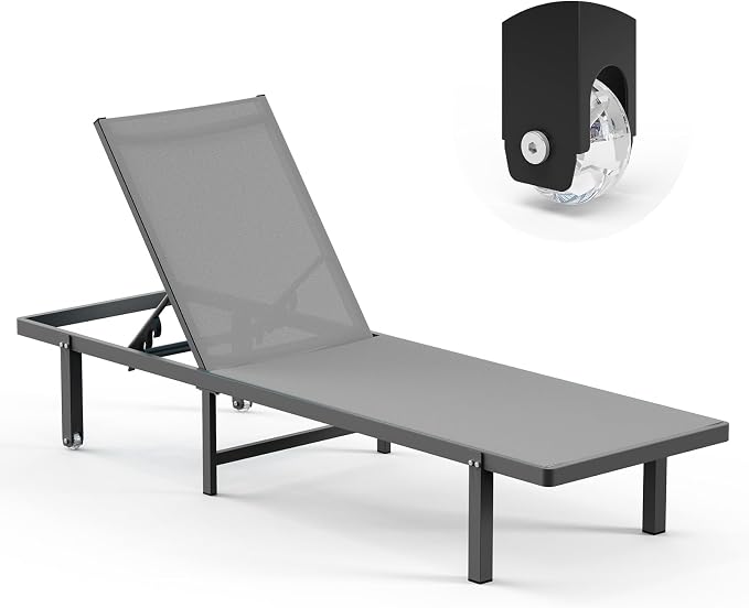 Lounge Chair Outdoor with Wheels, Aluminum Chaise Lounge Outdoor Chair with 5 by Oasbira