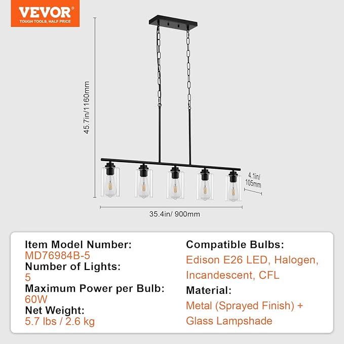 VEVOR 5-Light Kitchen Island Pendant Lights, Adjustable Dining Room Light - Image 7