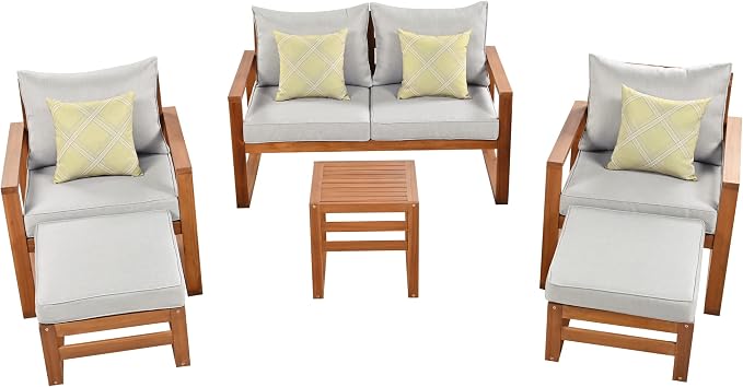Outdoor Acacia Wood 6-Piece Conversation, Sectional Garden Seating Groups Chat - Image 4
