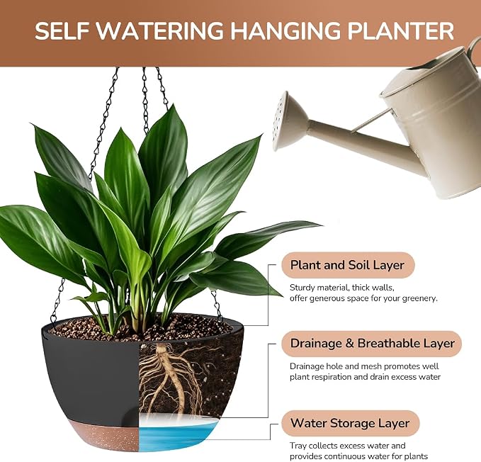 Set of 2-12 Inch Hanging Planter, Self-Watering Hanging Planters - Image 3