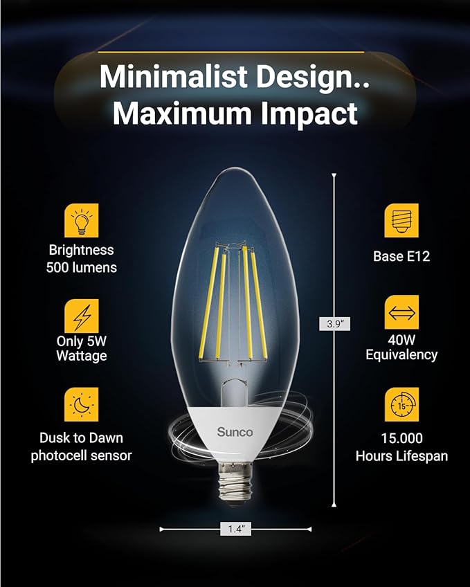 Sunco 6 Pack Dusk to Dawn LED Outdoor Light Bulb B11, Edison Filament - Image 3
