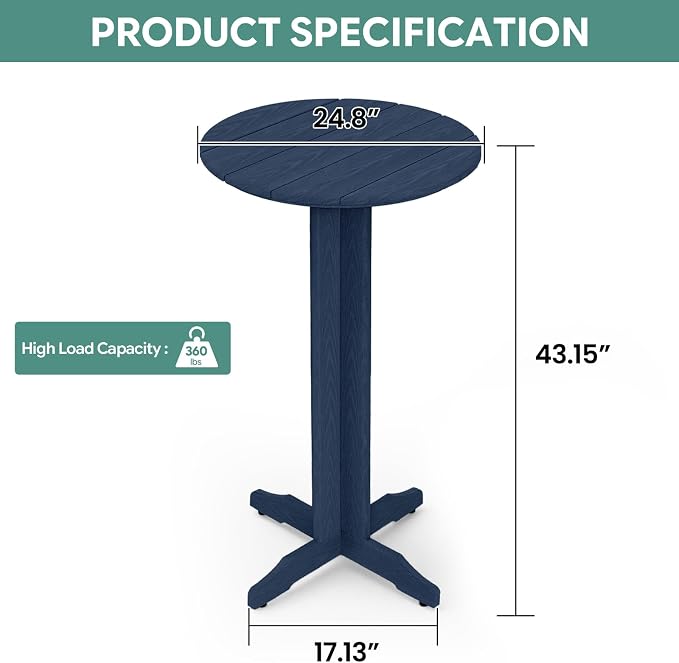 3-Piece Outdoor Bar Table Set, HDPE Patio Dining Set, 1 Round Bar Table & 2 Bar - Image 8