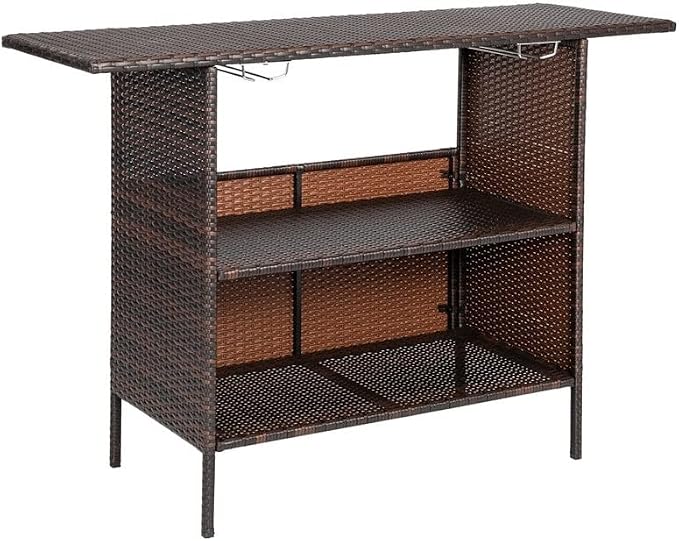 Patio Wicker Bar Table with Cup Holder Brown Modern Contemporary Rectangular by Unknown