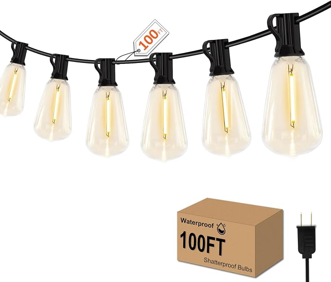 GHUSTAR 100FT LED Outdoor String Llights – Patio Lights Outdoor Waterproof by GHUSTAR