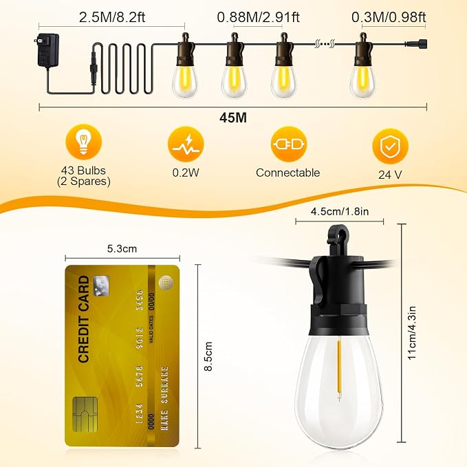 Outdoor String Lights Patio LED Light Outside - 45M 43+2 S14 LED Dimmable 150ft - Image 2