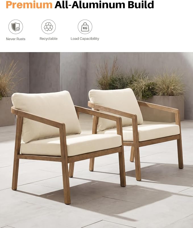 Teak Patio Sofa Chairs Set of 2, Never-Rust Aluminum Outdoor Armchair - Image 5