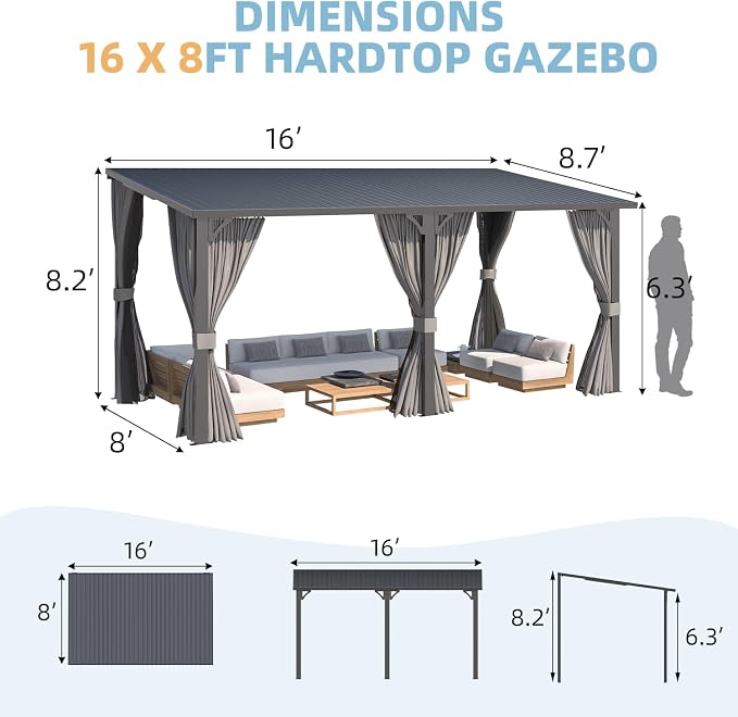 AECOJOY 16'x8' Outdoor Hardtop Metal Gazebo - Image 6