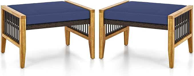 Tangkula Set of 2 Outdoor Ottomans, Patio Acacia Wood Ottomans by TANGKULA