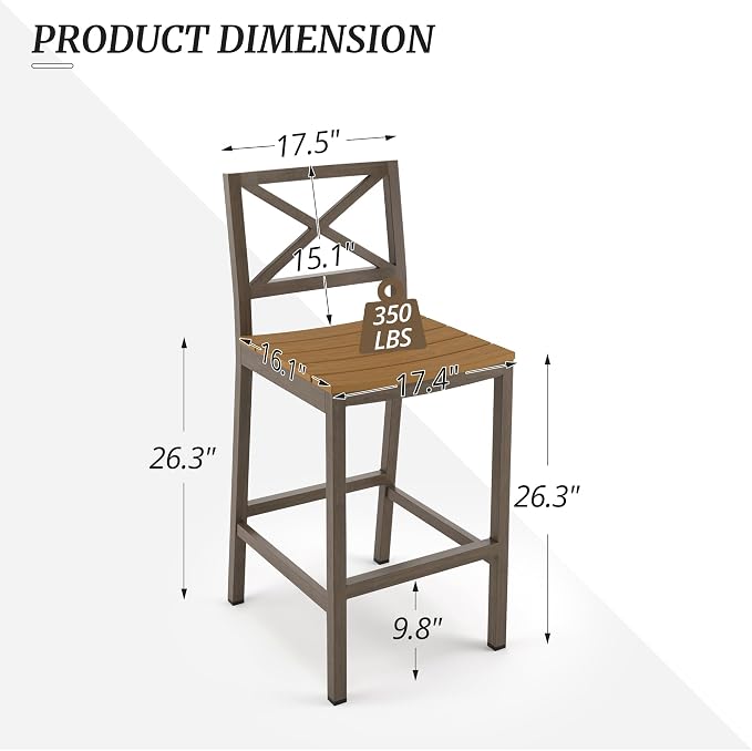 Outdoor Bar Stools Set of 2, 26 Inch All Weather HDPS Patio Counter Height - Image 3